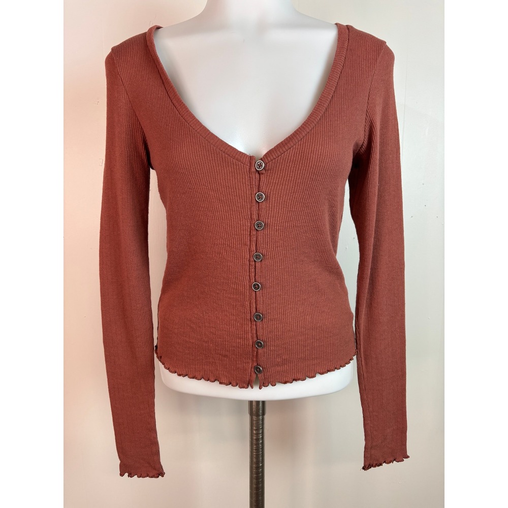 American Eagle Top Small Rust Brown Ribbed Knit Button Front Lettuce Edge Women
